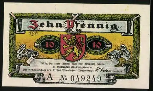 Notgeld Altenkirchen 1921, 10 Pfennig, Schloss Crottorf und Wappen