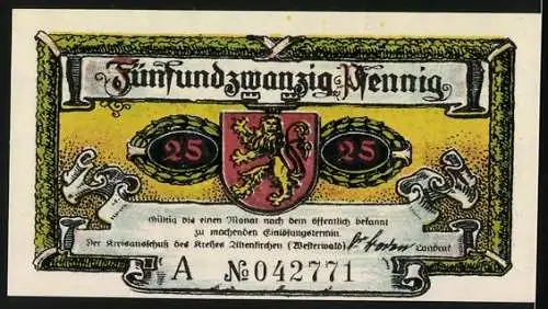 Notgeld Altenkirchen 1921, 25 Pfennig, Schloss Friedewald und Wappen mit Löwen