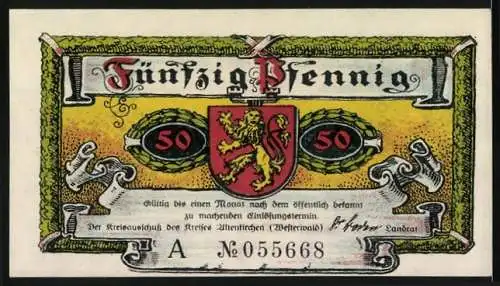 Notgeld Altenkirchen Westerwald, 1921, 50 Pf, Bauer auf dem Feld und Wappen mit Löwe