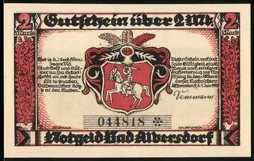 Notgeld Bad Albersdorf, 1921, 2 Mark, Wappen mit Reiter und Landschaft mit Kirche