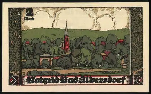 Notgeld Bad Albersdorf, 1921, 2 Mark, Wappen mit Reiter und Landschaft mit Kirche