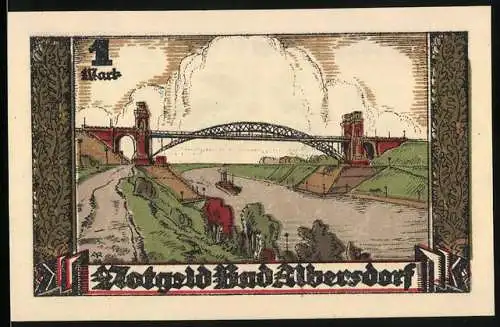 Notgeld Bad Albersdorf, 1 Mark, Bild der Brücke über Fluss, Wappen mit Reiter auf Rückseite