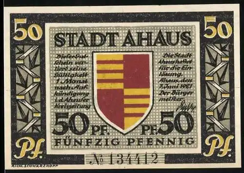 Notgeld Ahaus, 1921, 50 Pfennig, Stadtwappen und Schloss Ahaus, Stammstitz der Familie Oldenkott