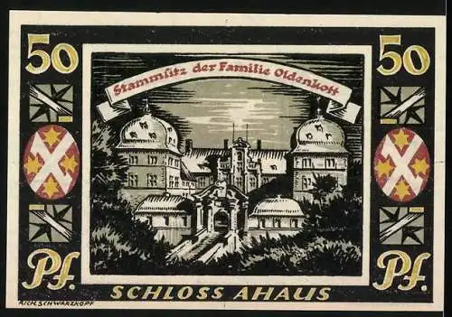 Notgeld Ahaus, 1921, 50 Pfennig, Stadtwappen und Schloss Ahaus, Stammstitz der Familie Oldenkott