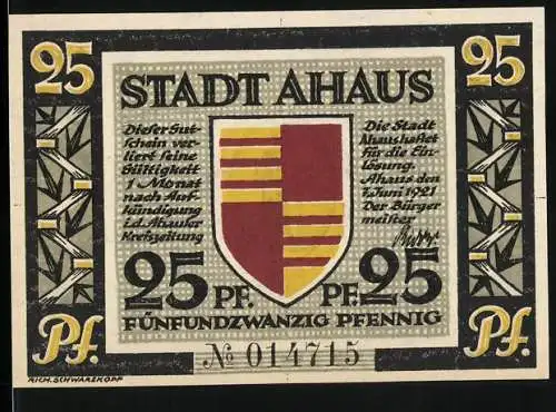 Notgeld Ahaus, 1921, 25 Pfennig, Wappen und Standbild des Professors Dr. H. Landois