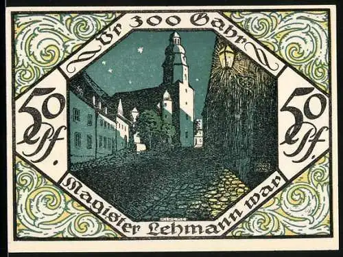 Notgeld Scheibenberg 1921, 50 Pfennig, Gedenkschein für 300 Jahre Magister Lehmann, Stadtansicht und Bauer mit Sense