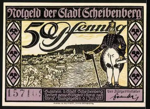 Notgeld Scheibenberg 1921, 50 Pfennig, Gedenkschein für 300 Jahre Magister Lehmann, Stadtansicht und Bauer mit Sense