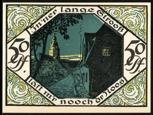 Notgeld Scheibenberg, 1921, 50 Pfennig, Stadtansicht mit Turm, Figur und Landschaft