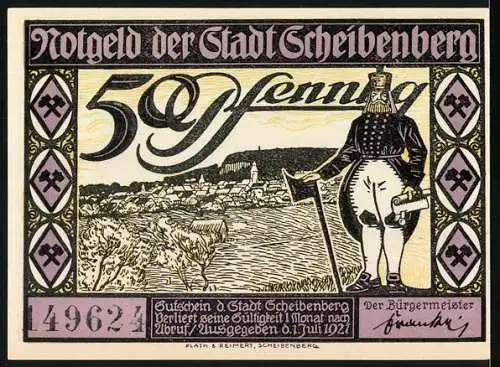 Notgeld Scheibenberg, 1921, 50 Pfennig, Stadtansicht mit Turm, Figur und Landschaft