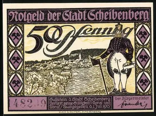 Notgeld Scheibenberg, 1921, 50 Pfennig, Stadtansicht mit Bergmann und Waldszene mit Felsen