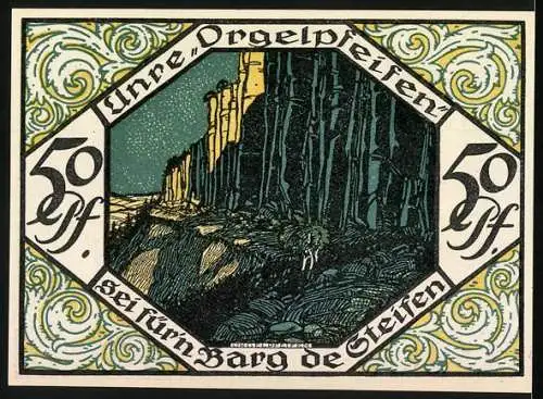 Notgeld Scheibenberg, 1921, 50 Pfennig, Stadtansicht mit Bergmann und Waldszene mit Felsen