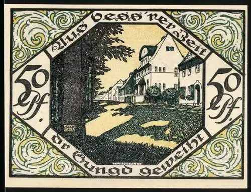 Notgeld Scheibenberg 1921, 50 Pfennig, Landschaft mit Gebäuden und Person in traditioneller Kleidung