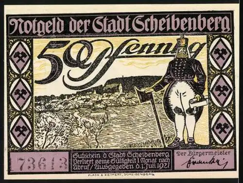 Notgeld Scheibenberg 1921, 50 Pfennig, Landschaft mit Gebäuden und Person in traditioneller Kleidung