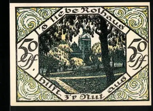 Notgeld Scheibenberg, 1921, 50 Pfennig, Rathaus und Stadtwächter Abbildung