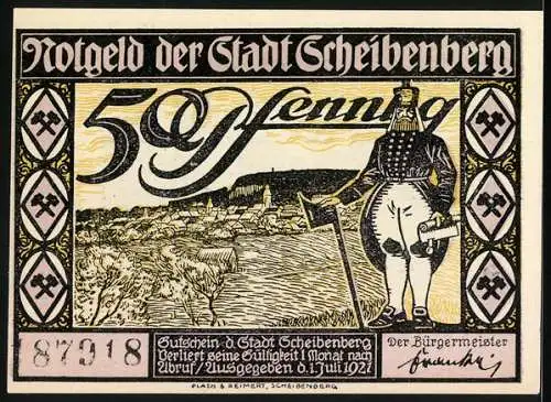 Notgeld Scheibenberg, 1921, 50 Pfennig, Rathaus und Stadtwächter Abbildung