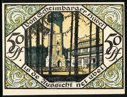 Notgeld Scheibenberg 1921, 50 Pfennig, Turm und Stadtansicht mit Bergmann und Feldern