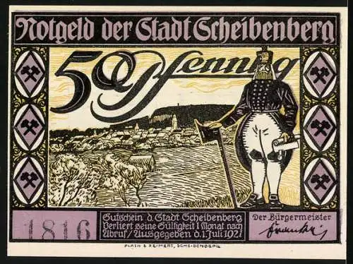 Notgeld Scheibenberg 1921, 50 Pfennig, Turm und Stadtansicht mit Bergmann und Feldern