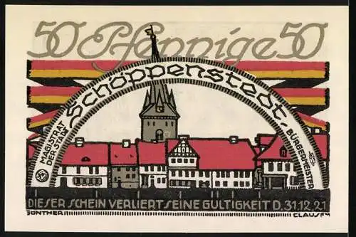 Notgeld Schöppenstedt, 1921, 50 Pfennig, Historische Stadtansicht mit Turm und Ratssitzungsszene