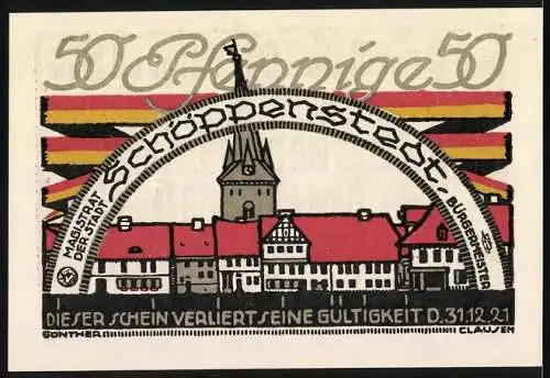 Notgeld Schöppenstedt 1921, 50 Pfennig, Stadtansicht und historische Inschrift