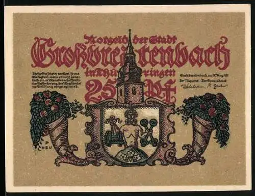 Notgeld Grossbreitenbach 1921, 25 Pfennig, Wappen und Handwerksszene