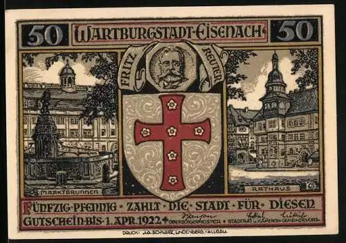 Notgeld Eisenach, 1922, 50 Pfennig, Stadtansicht mit Marktbrunnen und Rathaus, Heilige Elisabeth