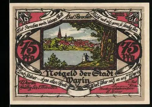 Notgeld Warin, 1921, 75 Pfennig, Stadtansicht und Wappen, Serie A3 Nr. 7014