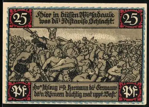 Notgeld Eisbergen 1921, 25 Pfennig, Historische Schlacht und Kriegerfiguren