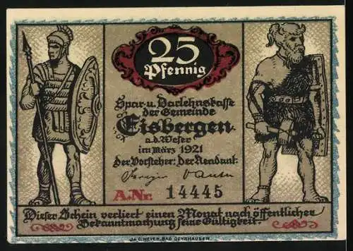 Notgeld Eisbergen 1921, 25 Pfennig, Historische Schlacht und Kriegerfiguren