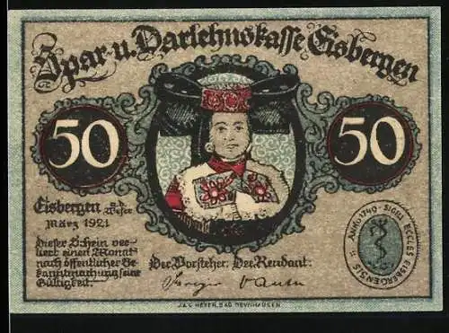 Notgeld Eisbergen 1924, 50 Pfennig, Abbildung eines Mannes in Uniform und Innenansicht einer Kirche