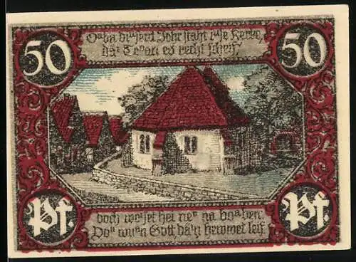 Notgeld Eisbergen 1921, 50 Pfennig, Gebäude und Mann mit Pfeife