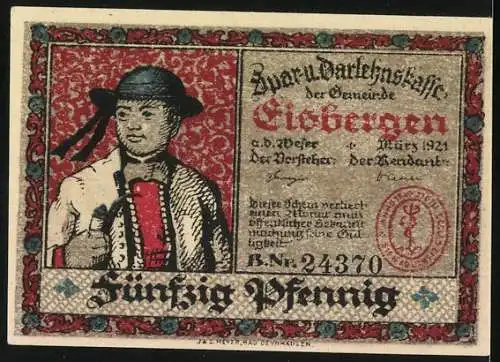 Notgeld Eisbergen 1921, 50 Pfennig, Gebäude und Mann mit Pfeife