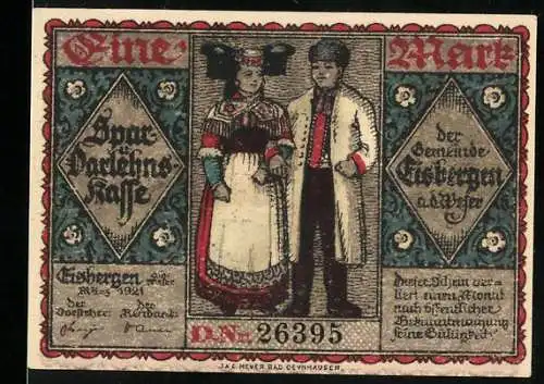 Notgeld Eisbergen 1921, 1 Mark, Trachtenpaar und Volkstanz-Szene