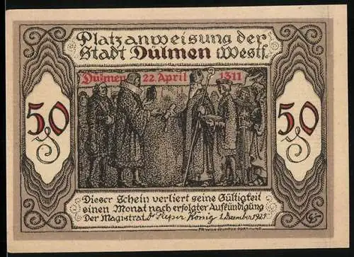 Notgeld Dülmen, 1921, 50 Pfennig, Platzanweisung der Stadt Dülmen Westf., historische Szene mit Personen