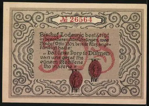 Notgeld Dülmen, 1921, 50 Pfennig, Platzanweisung der Stadt Dülmen Westf., historische Szene mit Personen