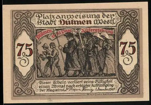 Notgeld Dülmen 1921, 75 Pfennig, Platzanweisung mit Darstellung der Pestzüge und Inschrift über die Pest 1566