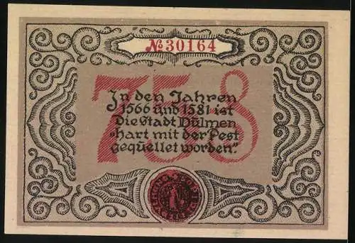 Notgeld Dülmen 1921, 75 Pfennig, Platzanweisung mit Darstellung der Pestzüge und Inschrift über die Pest 1566