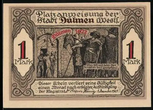 Notgeld Dülmen 1921, 1 Mark, Platzanweisung der Stadt Dülmen mit historischer Szene von 1622