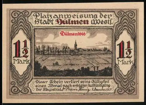 Notgeld Dülmen, 1 1 /2 Mark, Platzanweisung der Stadt Dülmen Westf. mit Stadtansicht und Spruch auf Rückseite