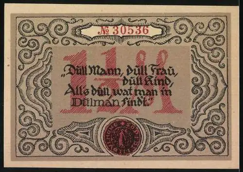 Notgeld Dülmen, 1 1 /2 Mark, Platzanweisung der Stadt Dülmen Westf. mit Stadtansicht und Spruch auf Rückseite