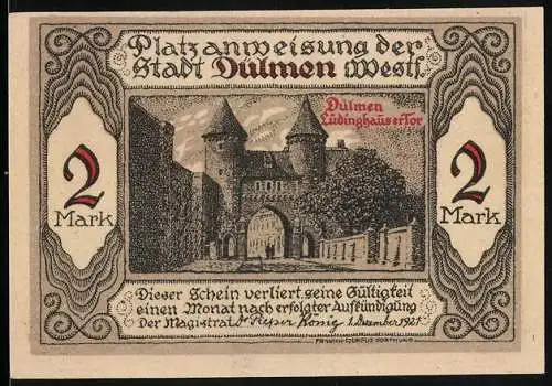 Notgeld Dülmen 1921, 2 Mark, Platzanweisung der Stadt Dülmen mit Lüdinghauser Tor, Wappen und Löwen