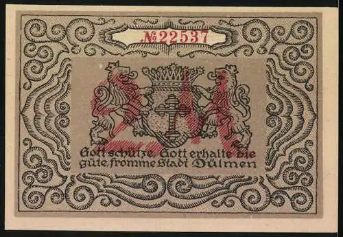 Notgeld Dülmen 1921, 2 Mark, Platzanweisung der Stadt Dülmen mit Lüdinghauser Tor, Wappen und Löwen