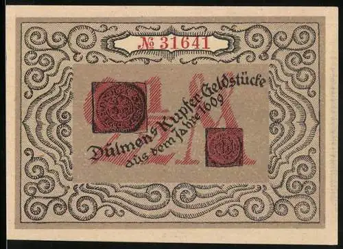 Notgeld Dülmen 1921, 2 1 /2 Mark, Dülmen Rathaus und Verzierung