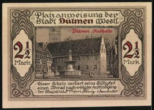 Notgeld Dülmen 1921, 2 1 /2 Mark, Dülmen Rathaus und Verzierung