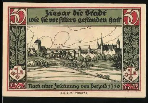 Notgeld Ziesar, 1921, 50 Pfennig, Historische Stadtansicht und Sparkassenwerbung