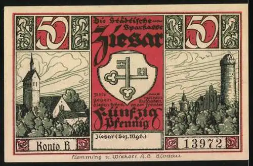 Notgeld Ziesar, 1921, 50 Pfennig, Historische Stadtansicht und Sparkassenwerbung