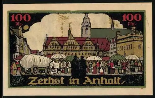 Notgeld Zerbst in Anhalt, 1921, 100 Pfennig, Marktszene mit Kirche und Stadtwappen