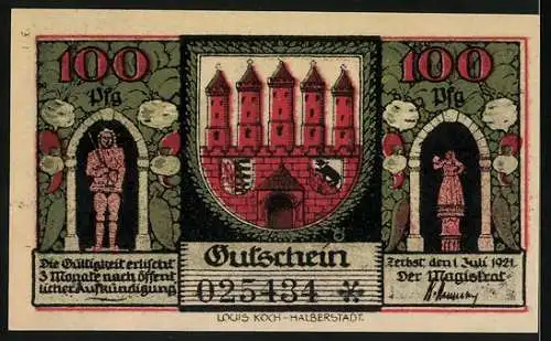 Notgeld Zerbst in Anhalt, 1921, 100 Pfennig, Marktszene mit Kirche und Stadtwappen