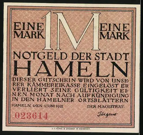 Notgeld Hameln, 1921, 1 Mark, Darstellung der Siebenlinge und Text über ihre Geburt