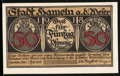 Notgeld Hameln, 1918, 50 Pfennig, Stadt Hameln an der Weser, Motiv mit Rattenfänger und Kindern