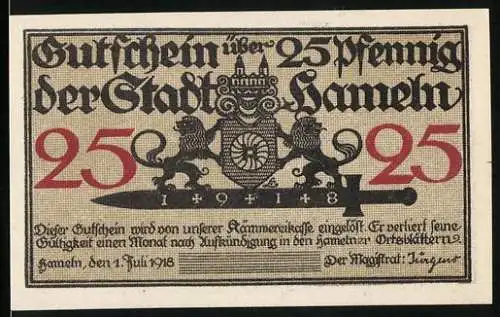 Notgeld Hameln, 1918, 25 Pfennig, Gutschein der Stadt Hameln mit Rattenfänger-Motiv